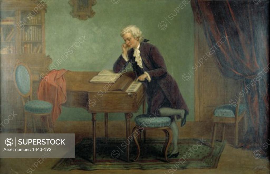 Stock Photo: 1443-192 Mozart Composing  ca.1880 Josef Buche (b.1848 German) Oil on canvas Collection of Archiv for Kunst & Geschichte, Berlin, Germany
