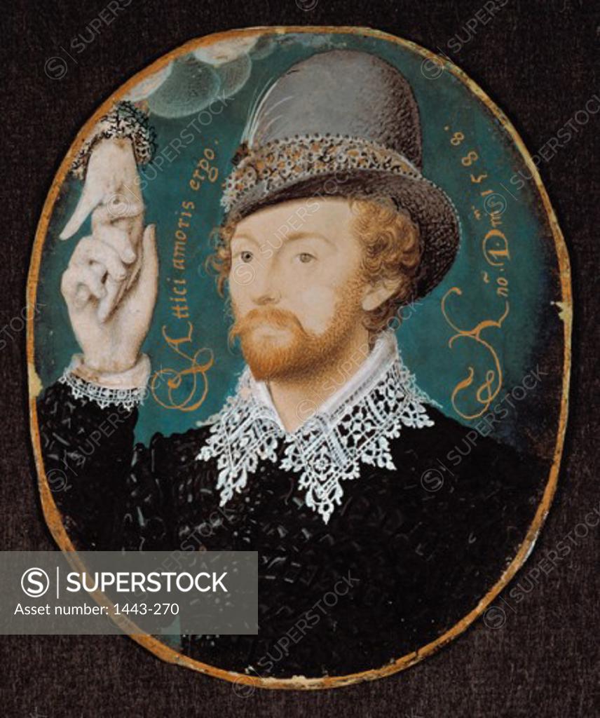 Stock Photo: 1443-270 Portrait of a Man (Thought to be Shakespeare) 1588 Nicholas Hilliard (ca.1547-1619 British) Miniature Victoria & Albert Museum, London, England