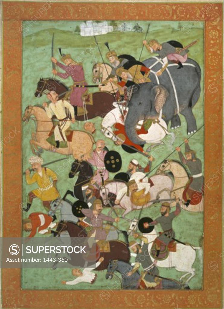Stock Photo: 1443-360 Battle Scene from the Akbar-Nama 16th C. Artist Unknown Illustration Victoria & Albert Museum, London, England 