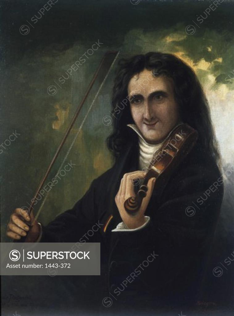 Stock Photo: 1443-372 The Violinist Nicolo Paganini  Ad. Lehmann Oil on cardboard Collection of Archiv for Kunst & Geschichte, Berlin, Germany
