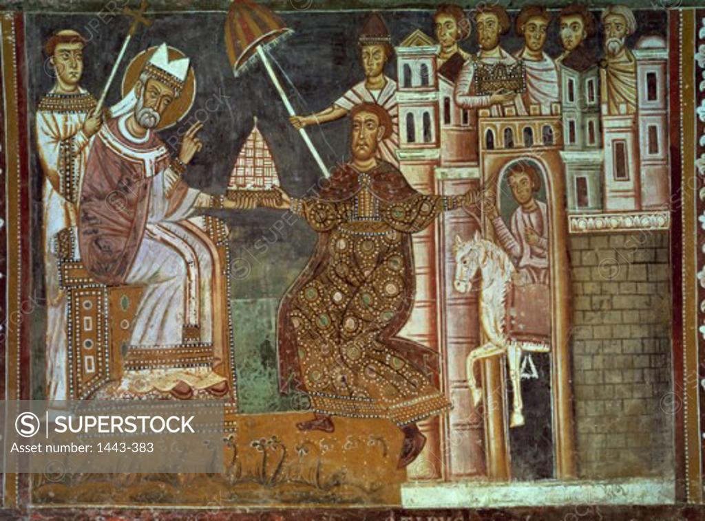 Stock Photo: 1443-383 Gift of Constantine  1436 Artist Unknown  Fresco SS.Quattro Coronati, Oratorio di S.Silvestro, Rome, Italy