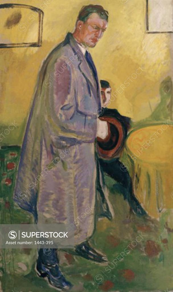 Stock Photo: 1443-395 Self Portrait with Coat & Hat  ca.1915 Edvard Munch (1863-1944 Norwegian) Oil on canvas Munch Museum, Oslo, Norway