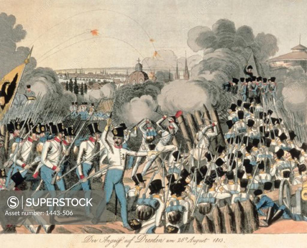 Stock Photo: 1443-506 The Attack on Dresden, August 1813  Artist Unknown Colored etching
