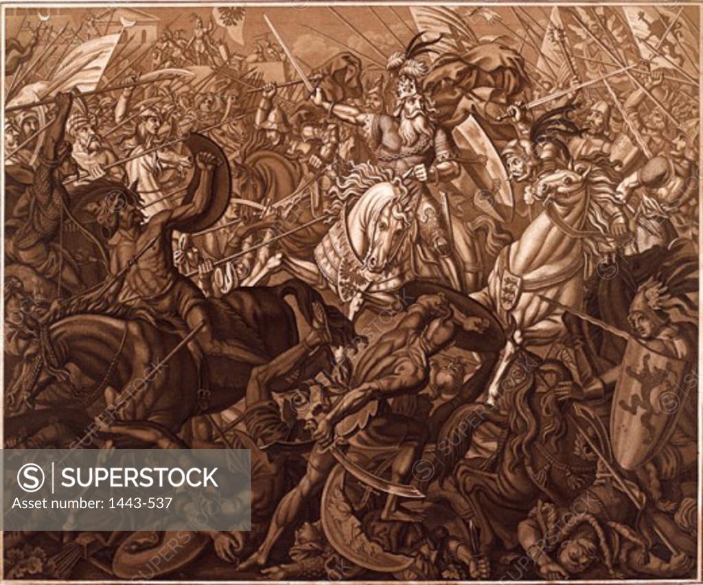 Stock Photo: 1443-537 Battle of Iconium (3rd Crusade)  Wilhelm Nilson Aquatint etching Collection of Archiv for Kunst & Geschichte, Berlin, Germany
