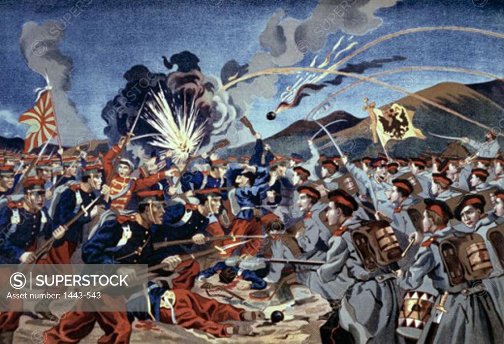 Stock Photo: 1443-543 Russian Attack on Antchdchou, 1904  (Russo-Japanese War) Artist Unknown Color lithograph