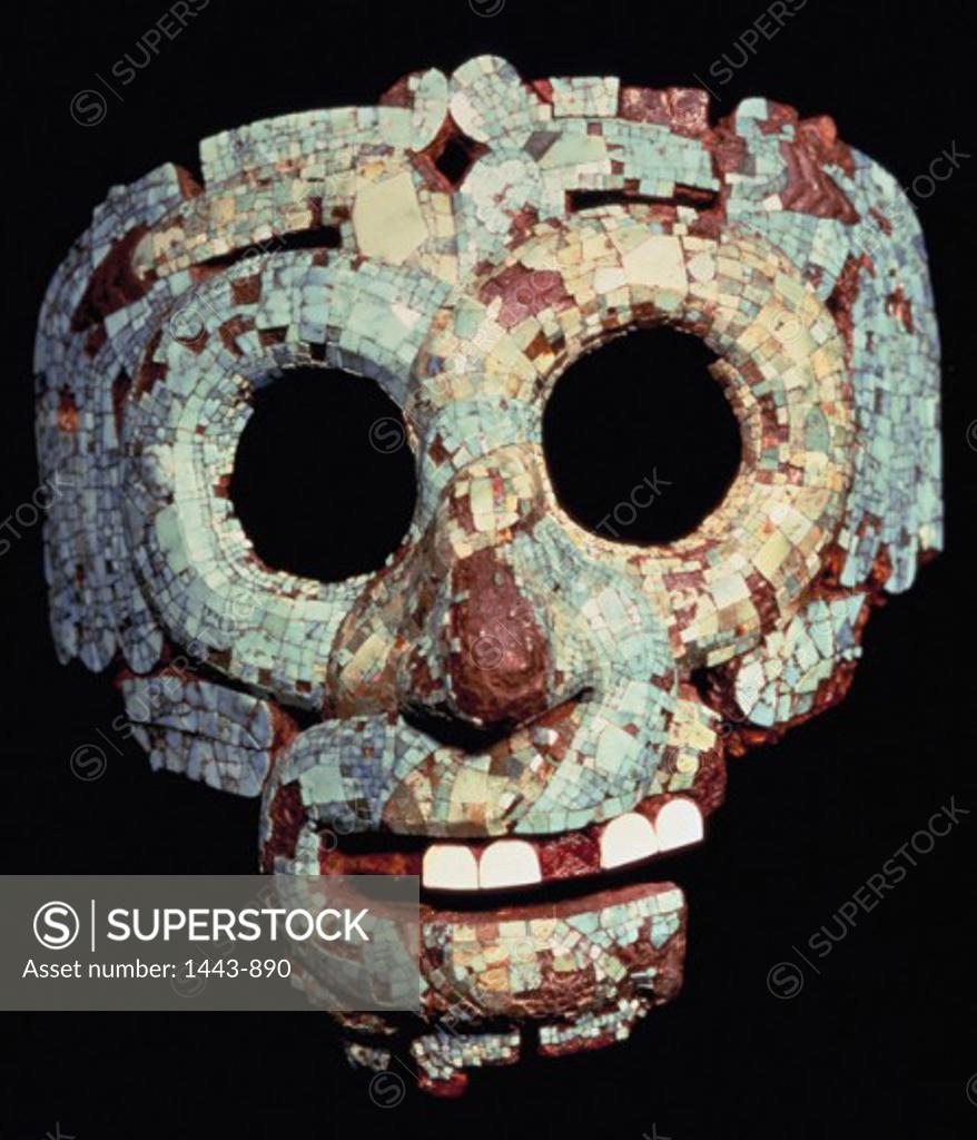 Stock Photo: 1443-890 Aztec Mask Pre-Columbian  Wood & turquoise British Museum, London, England
