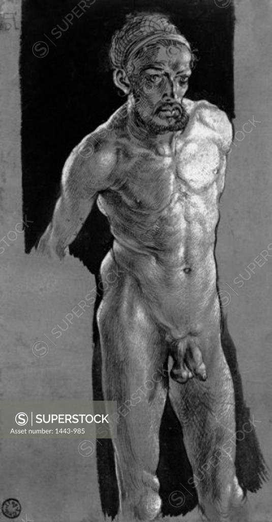 Stock Photo: 1443-985 Nude Study (Self Portrait)  1500-1505 Albrecht Durer (1471-1528 German) Pen & ink Kunstgalerie, Schlossmuseum, Weimar, Germany