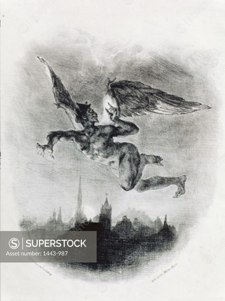Stock Photo: 1443-987 Mephistopheles Flies Over a City (from Goethe's "Faust")  1825-27 Eugene Delacroix (1798-1863 French) Lithograph