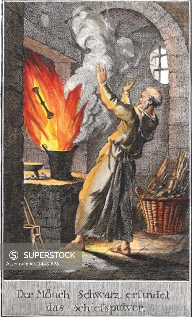 Stock Photo: 1443-996 The Monk Bertold Schwarz Invents Gunpowder  F. C. Krueger Etching