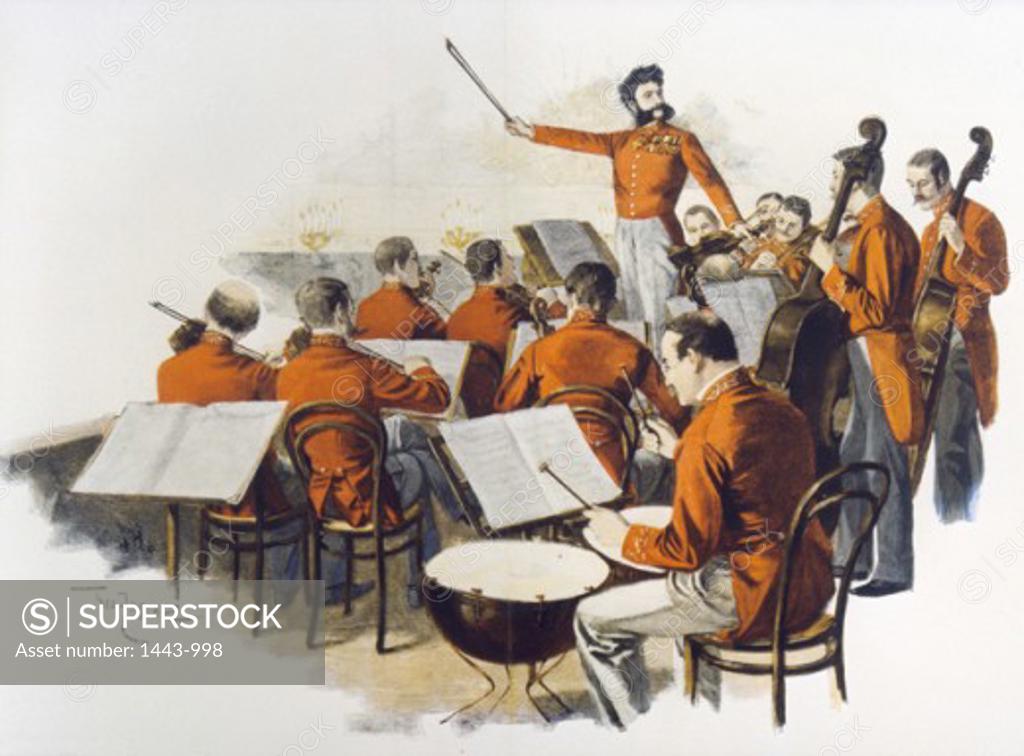 Stock Photo: 1443-998 Johann Strauss' Orchestra at a Court Ball  1893 Theo Zasche (1862-1922 German) Woodcut print