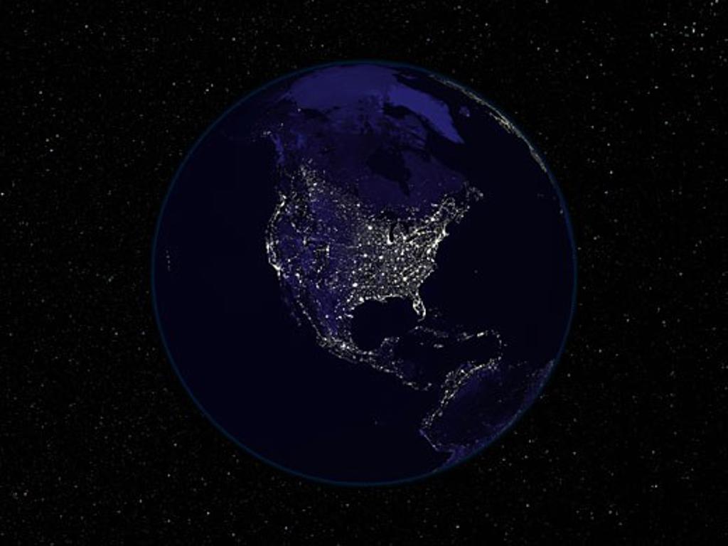 Satellite view of the Earth showing city lights at night