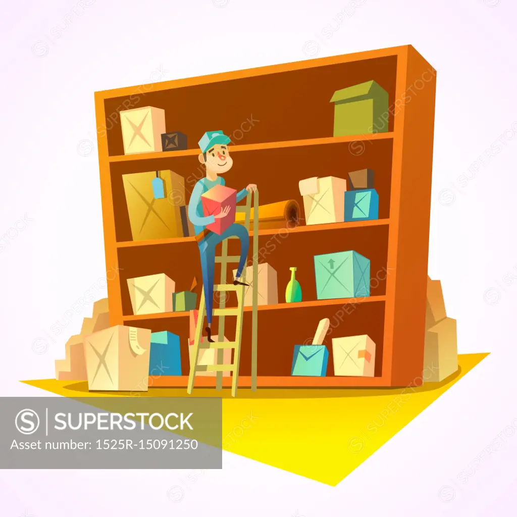 Warehouse retro cartoon. Warehouse concept with worker in front of shelves  with goods vector illustration - SuperStock