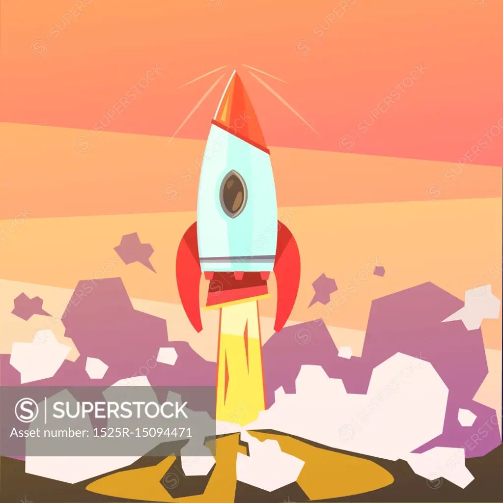 Rocket Launch Illustration . Rocket launch and startup cartoon background  with ground and fire vector illustration - SuperStock