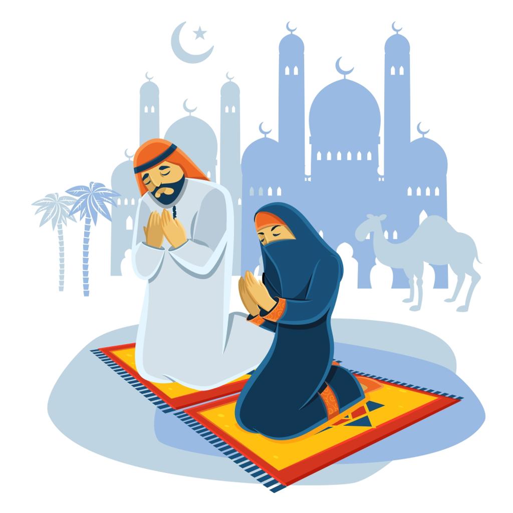  Praying Muslim Concept . Praying muslim man and woman concept with camel and mosque flat vector illustration 