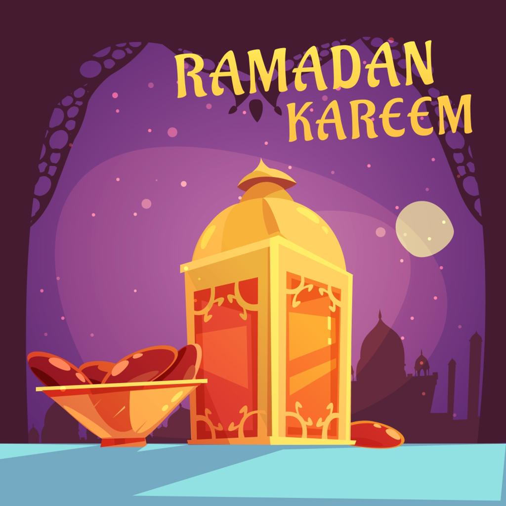 Ramadan Iftar Illustration. Color cartoon illustration with purple background depicting ramadan iftar kareem vector illustration