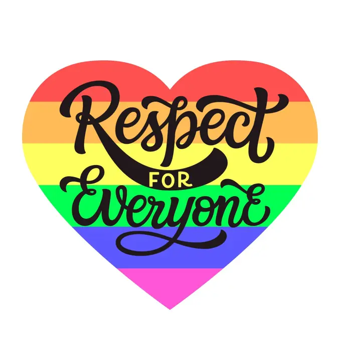 Respect for everyone. Hand lettering quote with rainbow heart  isolated on white background. Vector typography for posters, cards, t shirts, banners, labels