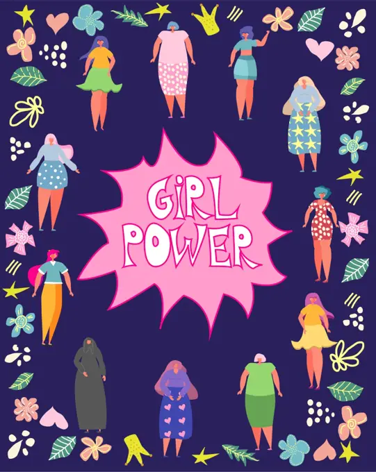 illustration graphic group of women, girls, power, strong, strength. Girl power. illustration graphic group of women, girls, power, strong, strength