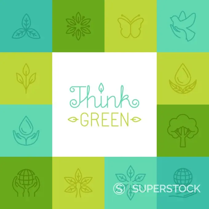 Vector think green concept in linear style - ecology  icons and signs - protect nature