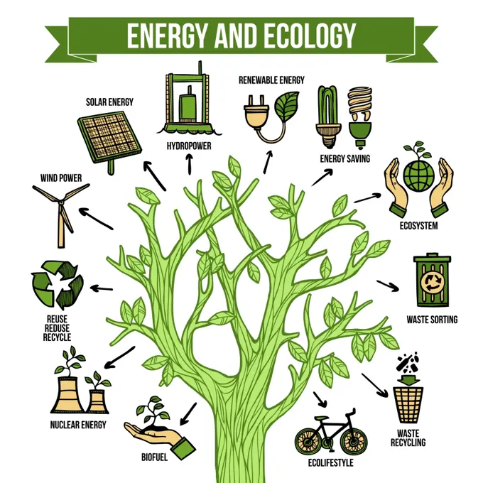 Green energy ecological infographic layout poster. Eco natural green energy bio fuel production and recycle concept infographic tree layout chart abstract vector illustration