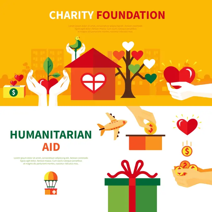 Charity Foundations 2 Flat Banners Set. Charity foundations for humanitarian aid 2 flat horizontal banners set with heart and donation symbols abstract vector illustration 