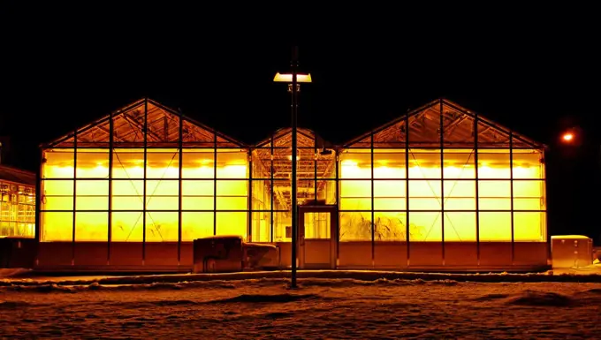 Warm light emitting from winter green houses at night.