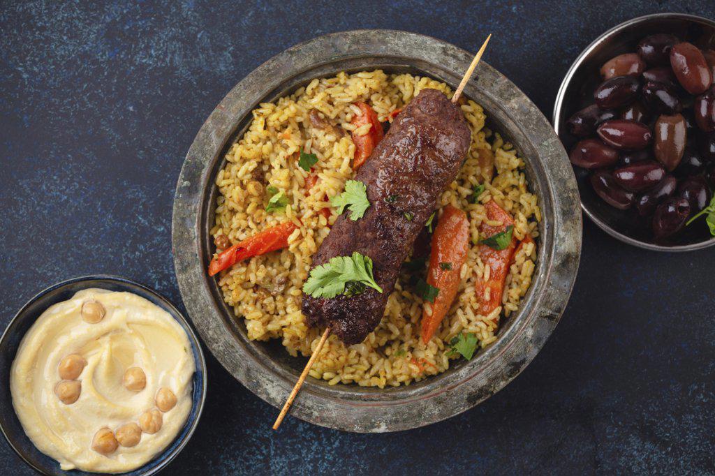 Traditional Middle Eastern meat Kebab with rice