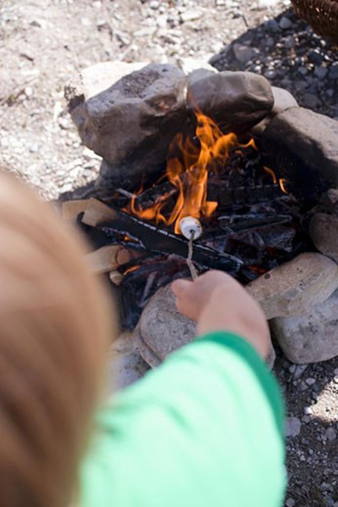 Child grilling marshmallows over camp-fire