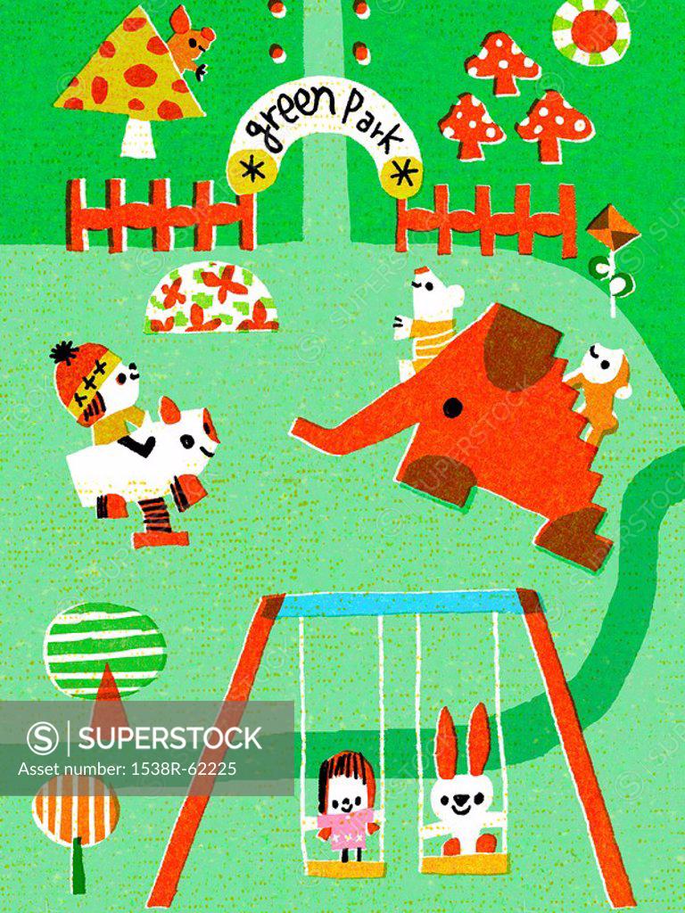 Stock Photo: 1538R-62225 Children and animals in playground