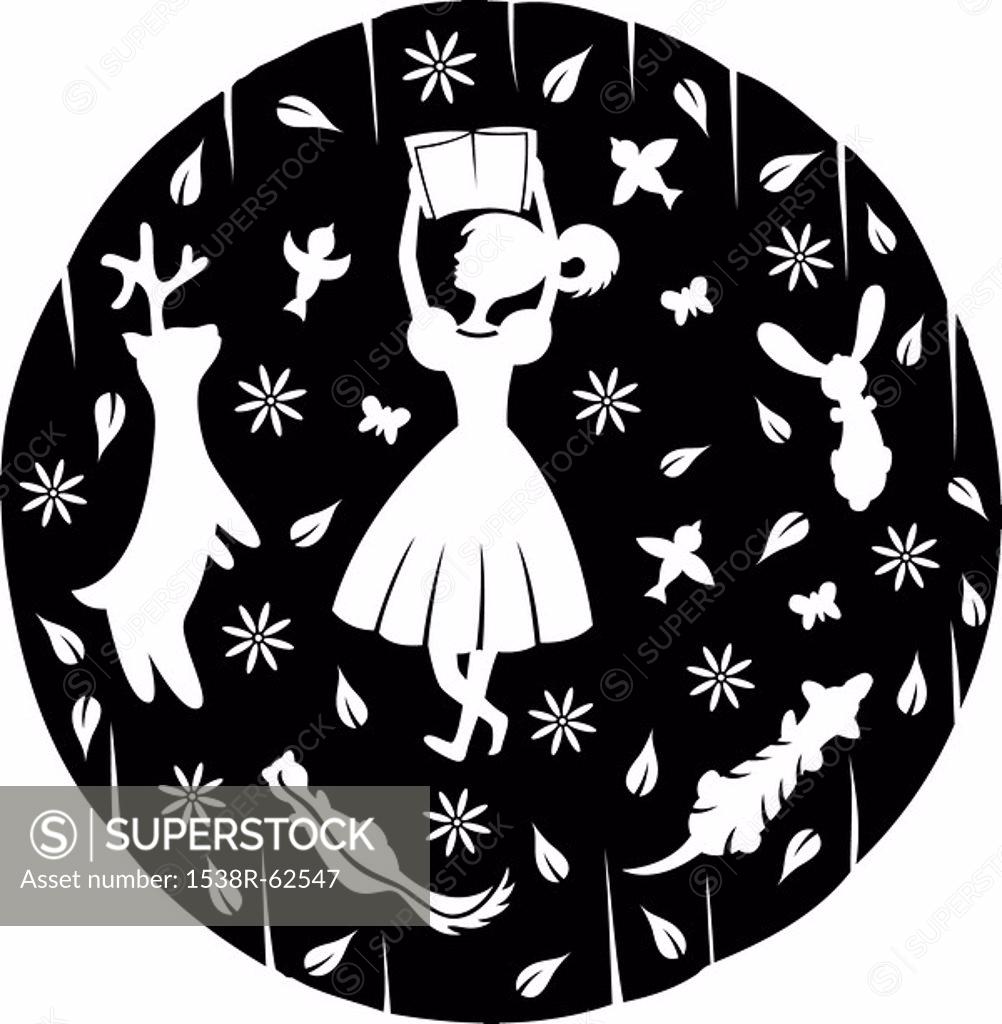 Stock Photo: 1538R-62547 A paper_cut design of a young girl reading a book surrounded by friendly animals