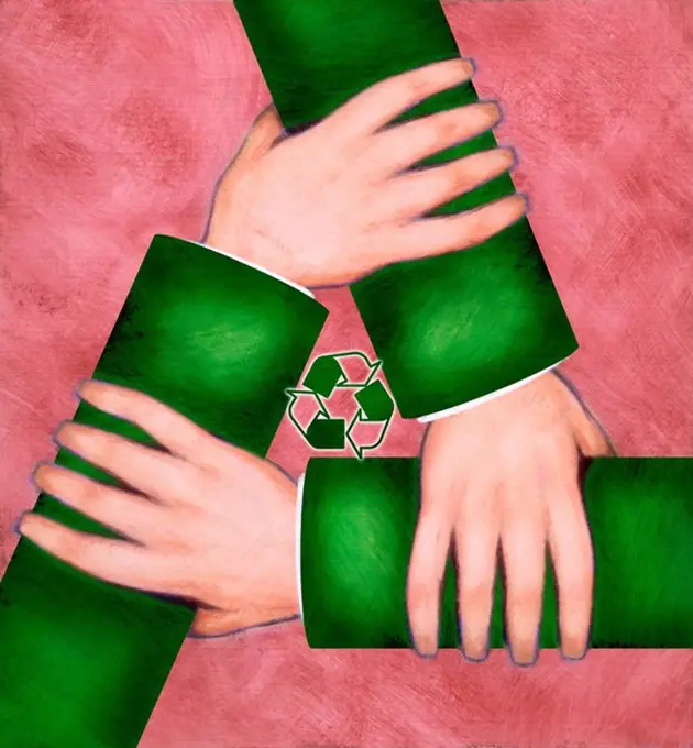 An illustration of linked arms surrounding a recycle symbol
