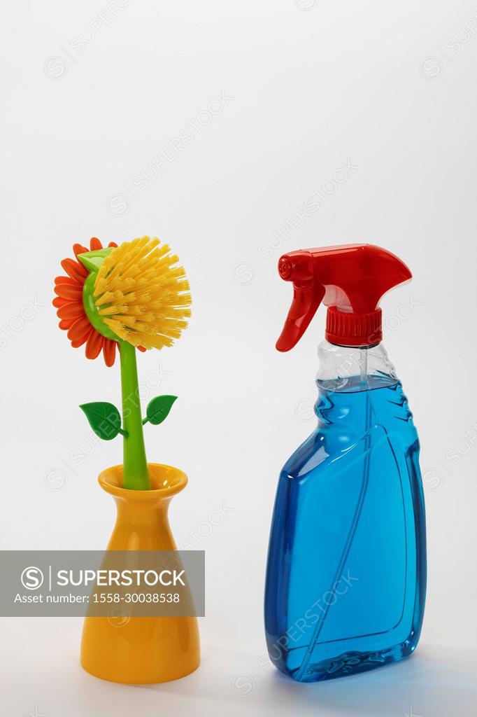 Spray bottle, cleaner, dish brush by VIGAR 'Flower Power', white  background, - SuperStock