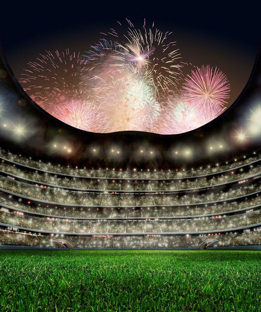 Football stadium, turf, illuminated, grand stand, fireworks