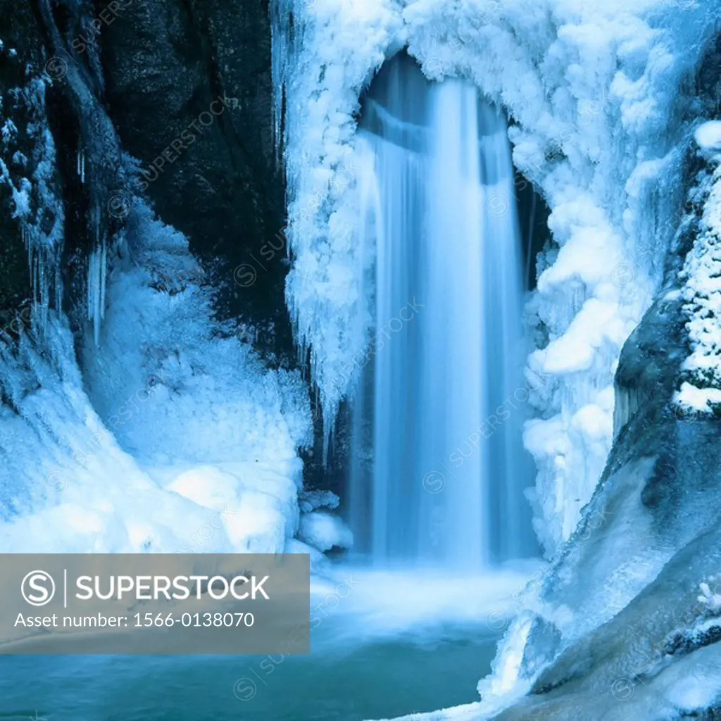 Frozen Hochfall waterfall, near Bodenmais. Bavarian forest. Germany