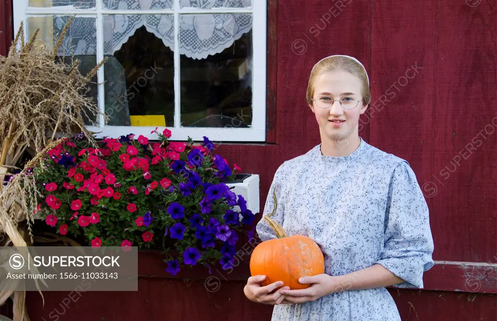 Wolcott Vermont Mennonite young girl aged 18 at home with pumpkin in fall colors in October and flowers in window.