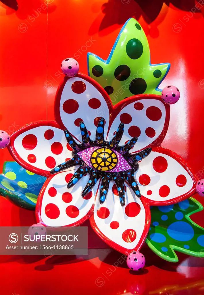 art by Yayoi Kusama, in the windows of the Louis Vuitton store, Hotel Vancouver, Vancouver, BC, Canada