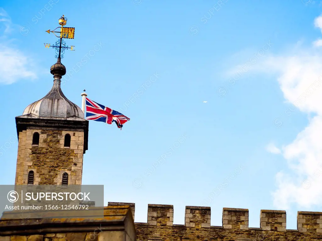 Union Jack over a turret in the Tower of London - England.