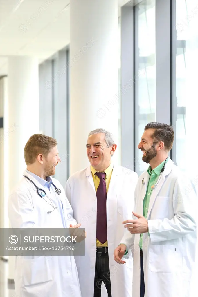 Doctors talking in corridor, Hospital