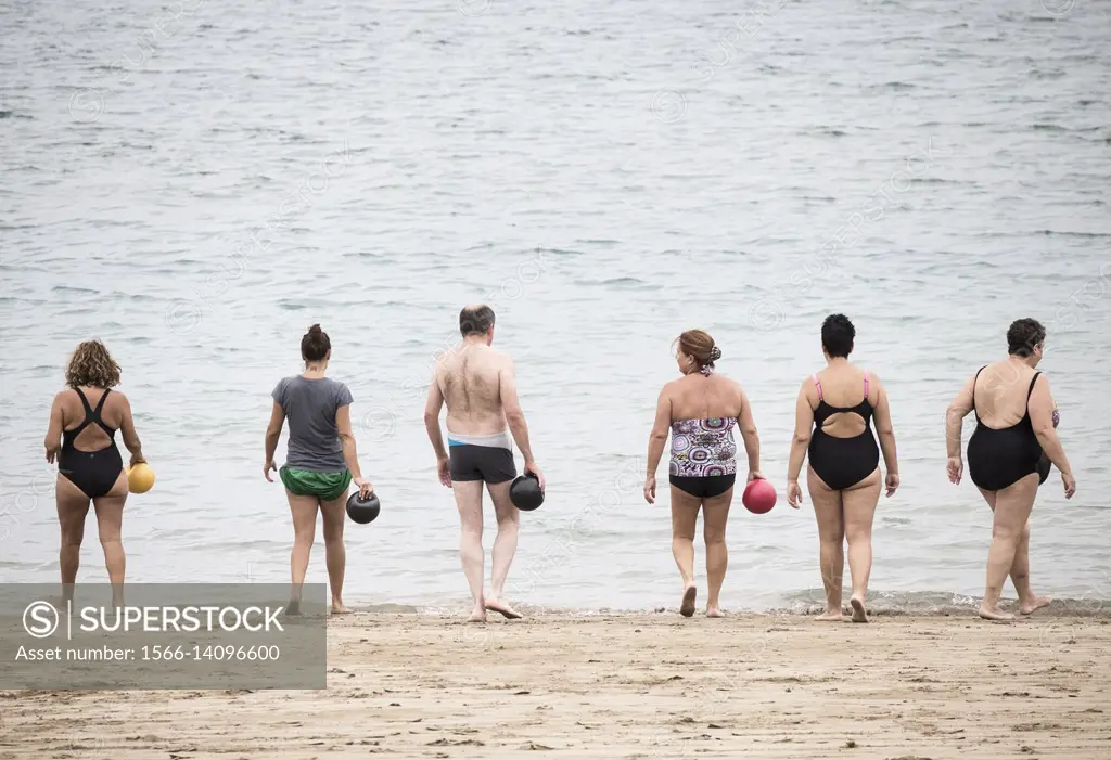 Water aerobics keep fit class on Las Canteras beach. Las Palmas, Gran Canaria, Canary Islands, Spain.