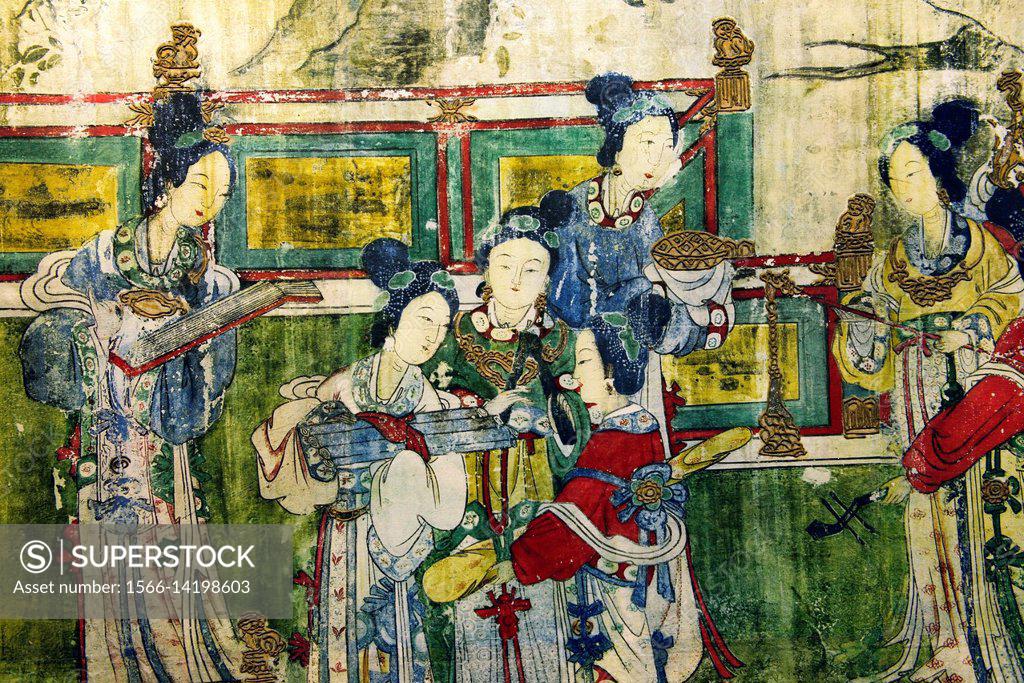 Stock Photo: 1566-14198603 Song Dynasty. Mural detail showing female musicians. From the Holy Mother Hall aka Temple of the Goddess of the Jinci Temple, Taiyuan, Shanxi, China.