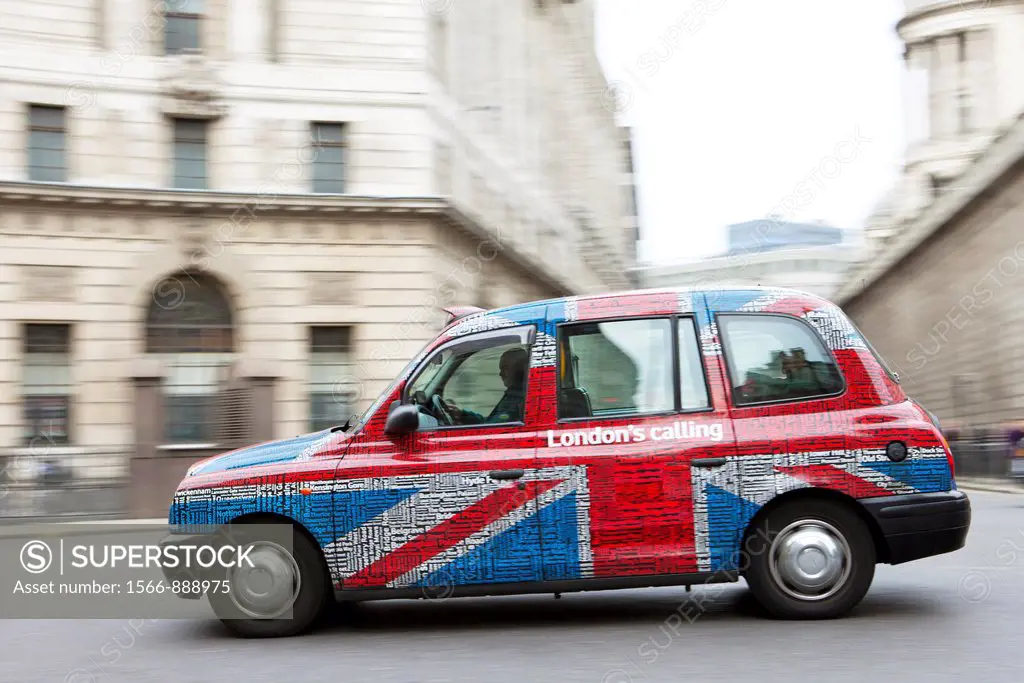 London cab wearing the Union Jack