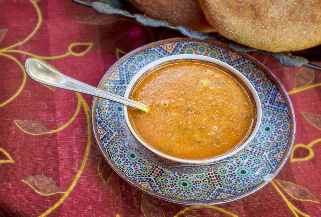 Traditional moroccan soup - harira. It is served for lunch during Ramadan. Morocco.