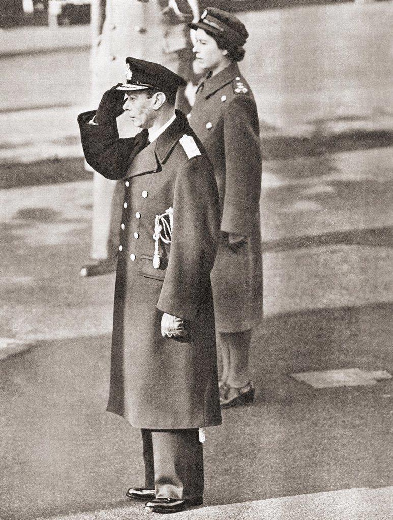 EDITORIAL ONLY Princess Elizabeth with her father George VI, seen here at the Cenotaph on Remembrance Sunday, 1949. George VI, Albert Frederick Arthur...