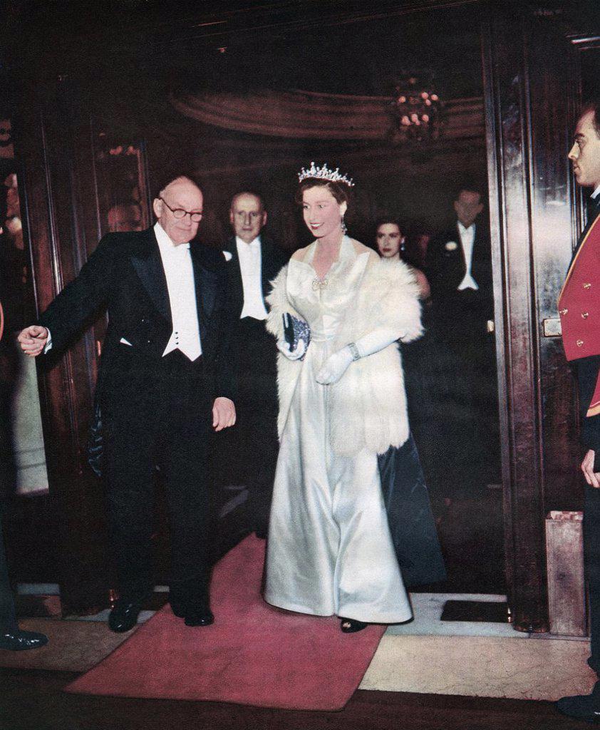 EDITORIAL ONLY Elizabeth II seen here at the Royal Film Show at the Empire, Leicester Square, London, England, 1952. Elizabeth II, Queen of the United...