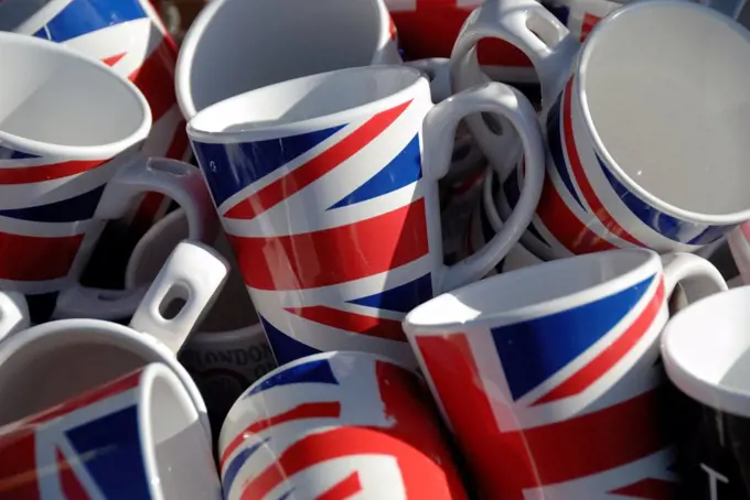 Union Jack mugs on a tourist souvenir stall