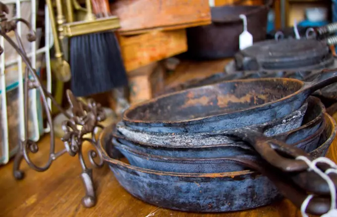 iron skillets Antiques and old items in store in Leadville Colorado.
