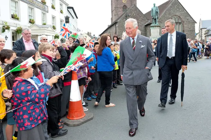 Brecon, Powys, Wales, UK. 4th July 2014. Prince Charles visits the Welsh market town of Brecon on the last day of the royal ‘Summer visit to Wales: Ce...