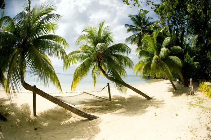 Tropical island beach with hammock at Matangi Island Resort, Fiji.