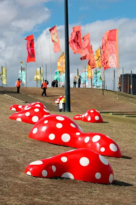 Yayoi Kusama art installation at Birrarung Marr Park. Melbourne, Victoria, Australia.