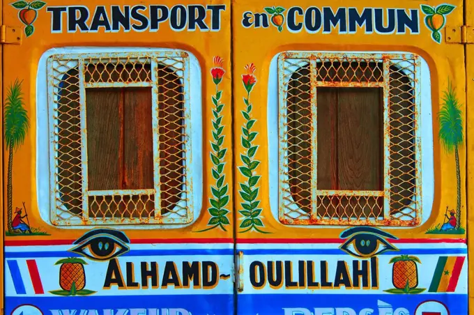 Back of a ´wakeur´ (kind of minibus) at Dakar, with a praise of God in Arabic (Alhamd-oulillah), Senegal