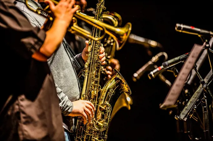 Jazz music : a musican playing a saxophone in a group.